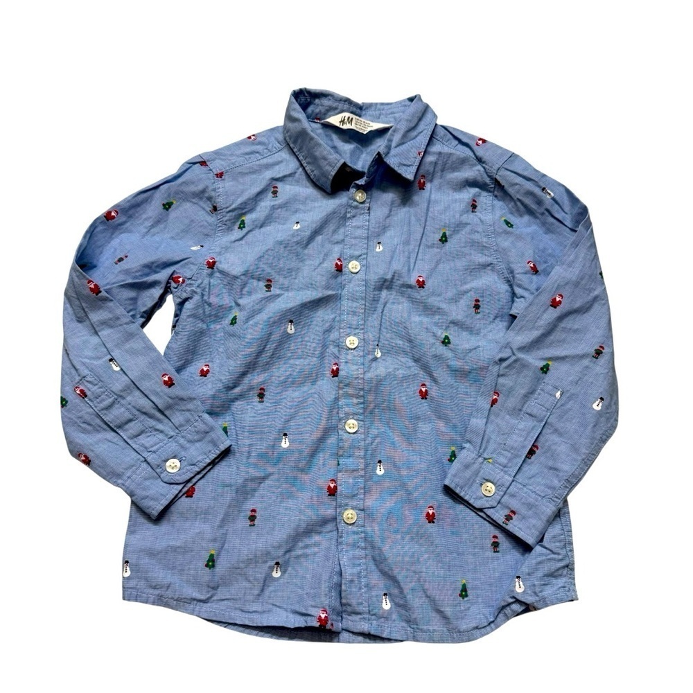 H&M Blue Christmas Dress Shirt Button Up Boys 4-5/4T Santa Snowman Tree Elf